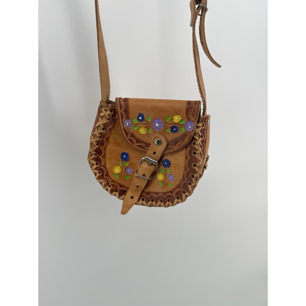 Vintage Tooled Leather Floral Crossbody Purse Boho Hippie Folk Art Bag